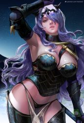 Rule 34 | 1girl, armor, armpits, black armor, black panties, boots, breasts, camilla (fire emblem), cleavage, commentary, english commentary, fire emblem, fire emblem fates, gloves, gradient background, hair over one eye, hand on own head, large breasts, looking at viewer, nextoad, nintendo, panties, parted lips, patreon username, purple eyes, purple hair, solo, thigh boots, thighhighs, tiara, underwear, upper body