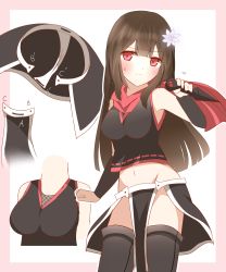 Rule 34 | 1girl, absurdres, black shirt, black sleeves, black thighhighs, blush, breasts, brown hair, character sheet, closed mouth, detached sleeves, flower, flying sweatdrops, groin, hair flower, hair ornament, highres, holding, holding weapon, kunai, long hair, long sleeves, medium breasts, multiple views, navel, ninja, non (wednesday-classic), original, pelvic curtain, pink background, red eyes, red scarf, scarf, shirt, sleeveless, sleeveless shirt, sweat, thighhighs, two-tone background, very long hair, weapon, white background, white flower