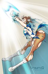Rule 34 | 1girl, boots, breasts, capcom, chun-li, double bun, energy ball, hair bun, highres, large breasts, pantyhose, sideboob, solo, street fighter, thick thighs, thighs, torn clothes, traum82