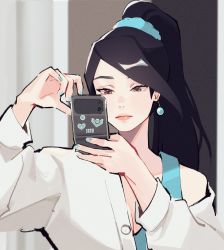 Rule 34 | 1girl, animification, black hair, blue tank top, breasts, brown eyes, cleavage, collarbone, earrings, expressionless, highres, holding, holding phone, hyoon (sockgyu), jewelry, off shoulder, phone, ponytail, sage (valorant), solo, sweater, tank top, valorant, white sweater