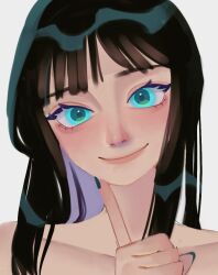 Rule 34 | 1girl, black hair, blue eyes, blue nails, blunt bangs, close-up, commentary, english commentary, looking at viewer, medium hair, nabi love 8, nico robin, one piece, simple background, smile, solo, white background