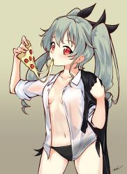 Rule 34 | 10s, 1girl, anchovy (girls und panzer), black panties, carillus, dress shirt, drill hair, eating, food, girls und panzer, green hair, highres, long hair, looking at viewer, no bra, open clothes, open shirt, panties, pizza, red eyes, shirt, solo, twin drills, twintails, underwear