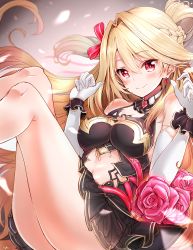 Rule 34 | 1girl, artist name, bare shoulders, black dress, blonde hair, blush, braid, breasts, cherry earrings, clothing cutout, collarbone, dress, earrings, elbow gloves, flower, food-themed earrings, food themed earrings, french braid, frilled dress, frills, fuku kitsune (fuku fox), gem, gloves, hair between eyes, hair flower, hair intakes, hair ornament, hair ribbon, highres, jewelry, large breasts, legs, long hair, looking at viewer, microdress, navel cutout, petals, pink flower, pink rose, red eyes, red ribbon, ribbon, rose, see-through silhouette, shironeko project, sierra (shironeko project), skindentation, smile, solo, swept bangs, thighs, very long hair, white gloves