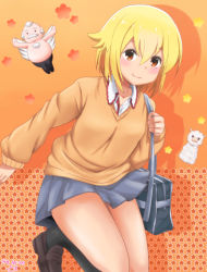 Rule 34 | 1boy, 1girl, bag, blonde hair, blush, brown footwear, collared shirt, commentary, dated, dated commentary, facial hair, fairy, ganbaru yousei, hitoribocchi no marumaru seikatsu, looking at viewer, mole, mole under eye, mustache, old, old man, orange background, pleated skirt, samenoido, school bag, school uniform, shirt, shoes, shoulder bag, signature, skirt, smile, solo focus, star (symbol), starry background, sunao nako, sweater, topless male, white hair, white shirt, wings