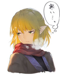 Rule 34 | 1girl, blonde hair, breath, green eyes, kinketsu, looking away, mizuhashi parsee, pointy ears, portrait, scarf, shirt, short hair, simple background, solo, speech bubble, text focus, touhou, white background