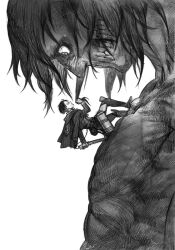 Rule 34 | 1boy, battle, blade, emblem, from side, frown, giant, grabbing another&#039;s hair, greyscale, levi (shingeki no kyojin), monochrome, monster, paradis military uniform, prema-ja, shingeki no kyojin, short hair, size difference, solo focus, teeth, three-dimensional maneuver gear, titan (generic) (shingeki no kyojin), titan (shingeki no kyojin), wide-eyed