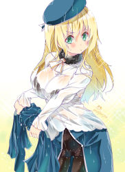 Rule 34 | 10s, 1girl, aqua eyes, atago (kancolle), black bra, black pantyhose, blonde hair, bra, breasts, crotch seam, female focus, gradient background, hat, highres, imu sanjo, kantai collection, large breasts, long hair, looking at viewer, panties, panties under pantyhose, pantyhose, pout, pouty lips, see-through, solo, underwear, wet, wet clothes, wringing clothes