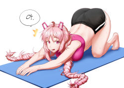 Rule 34 | 1girl, ^^^, absurdres, ahoge, ass, bam.g, barefoot, braid, full body, highres, korean text, last origin, long hair, looking at viewer, pink eyes, pink hair, short shorts, shorts, simple background, solo, surprised, sweat, miho (last origin), twin braids, very long hair, white background, yoga, yoga mat