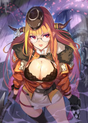 Rule 34 | 1girl, alternate costume, axe, battle axe, belt, bespectacled, black gloves, black thighhighs, blonde hair, blunt bangs, blurry, blurry background, braid, breasts, cleavage, collared shirt, commentary, commentary request, cowboy shot, depth of field, dragon girl, dragon horns, dragon tail, fang, fur-trimmed jacket, fur trim, glasses, gloves, hat, highres, holding, holding axe, holding lantern, holding weapon, hololive, horn ornament, horn ribbon, horns, jacket, jewelry, kiryu coco, lantern, large breasts, light particles, light rays, long hair, long sleeves, looking to the side, mini hat, multicolored eyes, multicolored hair, necklace, neckwear between breasts, ohland, open mouth, orange hair, orange jacket, partially unbuttoned, partially unzipped, pointy ears, purple eyes, red eyes, ribbon, round eyewear, scales, shirt, single braid, single thighhigh, skin fang, solo, star (symbol), star necklace, sweat, symbol-only commentary, tail, tentacles, thighhighs, thighs, virtual youtuber, weapon, white ribbon, white shirt, wings, wooden floor