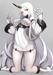 Rule 34 | 10s, 1girl, abyssal ship, asya, bare shoulders, breasts, claws, commentary request, detached sleeves, dress, grey background, highres, horns, kantai collection, kneeling, large breasts, long hair, red eyes, ribbed dress, ribbed sweater, seaport princess, short dress, simple background, single horn, solo, sweater, sweater dress, thighs, very long hair