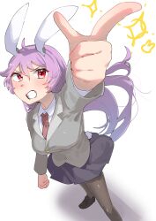 Rule 34 | 1girl, ahoge, animal ears, black footwear, blush, breasts, clenched teeth, collared shirt, finger gun, floating hair, foot out of frame, foreshortening, formal, from above, full body, grey skirt, grey suit, highres, large breasts, long hair, looking up, miniskirt, open mouth, perspective, pointing, pointing up, purple hair, rabbit ears, rabbit girl, rabbit tail, red eyes, red tie, reisen udongein inaba, shadow, shirt, simple background, skirt, sobayu to tenpura, solo, sparkle, suit, tail, teeth, thighhighs, touhou, very long hair, white background, white shirt