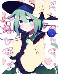 Rule 34 | 1girl, animal ears, bow, bright pupils, cat ears, cowboy shot, floral print, frilled sleeves, frills, green eyes, green hair, green skirt, hat, hat bow, heart, heart background, heart of string, highres, komeiji koishi, long sleeves, looking at viewer, open mouth, rose print, shirt, short hair, skirt, solo, standing, third eye, touhou, white background, white pupils, wide sleeves, yellow bow, yellow shirt, you (noanoamoemoe)