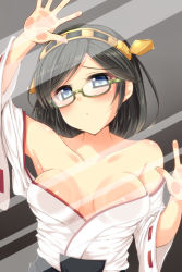 Rule 34 | 10s, 1girl, against glass, black hair, blue eyes, breasts, cleavage, collarbone, detached sleeves, covered erect nipples, fourth wall, glasses, hairband, japanese clothes, jiino, kantai collection, kirishima (kancolle), large breasts, looking at viewer, nontraditional miko, off shoulder, personification, ribbon-trimmed sleeves, ribbon trim, short hair, solo, wide sleeves