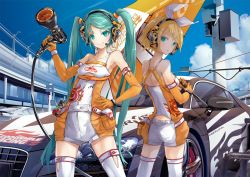 Rule 34 | 2girls, ajigo, aqua eyes, aqua hair, arm up, audi, audi r8, blonde hair, blue sky, breasts, car, closed mouth, cloud, colored eyelashes, contrail, contrapposto, cosplay, day, elbow gloves, from behind, gloves, goodsmile company, goodsmile racing, hair ornament, hairclip, hand on own hip, hatsune miku, hatsune miku (cosplay), headphones, headset, holding, holding umbrella, kagamine rin, long hair, looking at viewer, mechanic, microphone, motor vehicle, multiple girls, orange gloves, outdoors, parted lips, pouch, power tool, race queen, race vehicle, racecar, racetrack, racing miku, racing miku (2010), short hair, short shorts, shorts, sky, sleeveless, small breasts, smile, spaghetti strap, standing, swept bangs, thighhighs, twintails, umbrella, very long hair, vocaloid, white legwear, white shorts
