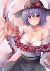 Rule 34 | 1girl, absurdres, bare shoulders, black skirt, blush, bow, breasts, brown eyes, capelet, cleavage, collarbone, frills, hat, hat bow, hat ribbon, highres, koizumo, large breasts, looking at viewer, nagae iku, outstretched arm, parted lips, pink background, purple hair, red ribbon, ribbon, shawl, shirt, skirt, solo, touhou, white shirt