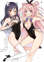 Rule 34 | 2girls, :d, animal ear fluff, animal ears, bad id, bad pixiv id, bare shoulders, black footwear, black hair, black hairband, black leotard, black neckwear, blue neckwear, blush, bow, bowtie, breasts, brown eyes, cleavage, collar, collarbone, commentary request, detached collar, double v, fake animal ears, goyain, groin, hair between eyes, hair ornament, hair rings, hairband, hatsune (princess connect!), kittysuit, large breasts, leotard, long hair, medium breasts, multiple girls, necktie, nontraditional playboy bunny, open mouth, pink hair, playboy bunny, princess connect!, purple eyes, rabbit ears, rabbit tail, shiori (princess connect!), shoes, short necktie, siblings, sisters, smile, sparkle, standing, standing on one leg, star (symbol), star hair ornament, strapless, strapless leotard, tail, thighhighs, tiger ears, tiger girl, tiger tail, two side up, v, very long hair, white collar, white legwear, wrist cuffs
