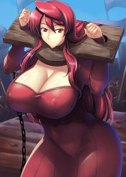 Rule 34 | 1girl, breasts, cleavage, covered erect nipples, curvy, dress, haganef, highres, huge breasts, long hair, looking at viewer, maou (maoyuu), maoyuu maou yuusha, pillory, red eyes, red hair, solo, thick thighs, thighs, wide hips