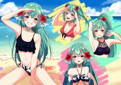 Rule 34 | 1girl, absurdres, alternate hairstyle, beach, bikini, black bikini, blush, breasts, c turtle, cleavage, collarbone, commentary, english commentary, finana ryugu, fins, fish girl, flower, green hair, hair flower, hair ornament, head fins, head tilt, head wings, highres, long hair, looking at viewer, midriff, multiple views, navel, neck tattoo, nijisanji, nijisanji en, ocean, parted lips, ponytail, purple eyes, red bikini, red flower, small breasts, smile, swimsuit, tattoo, tongue, tongue out, twintails, virtual youtuber, wings