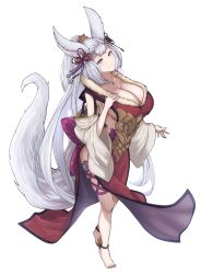 Rule 34 | 1girl, animal ears, anklet, barefoot, blue eyes, bow, breasts, cleavage, detached sleeves, dress, erune, fox ears, fox girl, fox tail, full body, gollizo, granblue fantasy, grin, hair bow, highres, jewelry, large breasts, leg ribbon, long hair, ponytail, red dress, ribbon, side slit, sideboob, simple background, smile, societte (granblue fantasy), solo, tail, thigh ribbon, very long hair, white background, white hair, wide sleeves