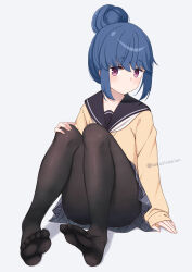 Rule 34 | 1girl, arm support, black pantyhose, black sailor collar, blue hair, closed mouth, commentary request, dot nose, feet, foot focus, foreshortening, hair between eyes, hair bun, hand on own knee, highres, knees up, legs, light blush, long sleeves, looking at viewer, motosu school uniform, neckerchief, nekosination, no shoes, pantyhose, purple eyes, sailor collar, school uniform, shima rin, sidelocks, simple background, single hair bun, sitting, soles, solo, sweater, toes, twitter username, white background, white neckerchief, yellow sweater, yurucamp