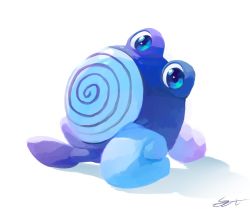 Rule 34 | arm support, blue eyes, commentary, creatures (company), full body, game freak, gen 1 pokemon, highres, leaning back, likey, looking at viewer, nintendo, no humans, pokemon, pokemon (creature), poliwhirl, signature, sitting, solo, spiral, white background