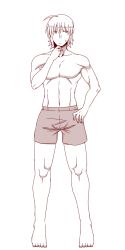 Rule 34 | 1boy, amazon (taitaitaira), boxers, collarbone, finger to own chin, hand on own hip, highres, jitome, legs, looking to the side, male focus, male underwear, monochrome, morichika rinnosuke, muscular, navel, short hair, solo, sweatdrop, toes, touhou, underwear, underwear only