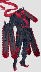 Rule 34 | absurdres, blood, bloody weapon, chainsaw devil, chainsaw man, extra arms, floating scarf, full body, highres, hybrid, joints, kazukingu, mechanical arms, mechanical legs, mechanization, pointy footwear, robot, robot joints, scarf, sharp teeth, simple background, solo, teeth, weapon, white background
