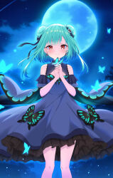 Rule 34 | 1girl, bare shoulders, blue dress, blue nails, bug, butterfly, butterfly-shaped pupils, detached sleeves, dress, green hair, highres, hololive, insect, kurono yuzuko, looking at viewer, red eyes, smile, solo, standing, symbol-shaped pupils, uruha rushia, virtual youtuber