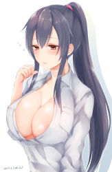 Rule 34 | 10s, 1girl, 2017, black hair, blouse, breasts, cleavage, collarbone, covered erect nipples, dated, hair between eyes, hair over shoulder, highres, kantai collection, large breasts, lips, long hair, looking down, ponytail, sakiryo kanna, shirt, sidelocks, solo, unbuttoned, upper body, very long hair, white shirt, yahagi (kancolle)