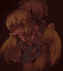 Rule 34 | 1boy, 1girl, bare shoulders, blonde hair, blush, grabbing another&#039;s breast, breasts, dress, faceless, faceless female, food, full-face blush, grabbing, hair over eyes, harpy, hetero, large breasts, long hair, masha, monster girl, muted color, off shoulder, original, pointy ears, sweat, thigh grab, upper body, winged arms, wings