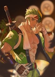 Rule 34 | 1boy, abs, absurdres, blurry, blurry background, brown eyes, fingerless gloves, genji (overwatch), gloves, green hair, green kimono, highres, holding, holding towel, japanese clothes, katana, kimono, looking at viewer, luna-9, male focus, mask, muscular, muscular male, ninja, open clothes, open kimono, open mouth, outdoors, overwatch, sheath, sheathed, short hair, short sleeves, solo, sweat, sword, towel, weapon, weapon on back, white gloves