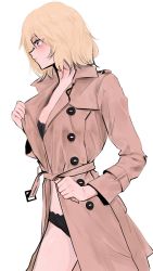 Rule 34 | 1girl, absurdres, alternate costume, black bra, black panties, blonde hair, blue eyes, blush, bra, clenched hand, coat, coat tug, cowboy shot, daiishori, from side, highres, holding, holding clothes, hololive, hololive english, looking ahead, panties, short hair, simple background, solo, trench coat, underwear, virtual youtuber, watson amelia, white background