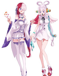 2girls absurdres alternate_hairstyle asymmetrical_wings bare_shoulders behind-the-head_headphones black_ribbon braid breasts changu cleavage cosplay costume_switch crossover crown_braid detached_sleeves dress emilia_(re:zero) flower full_body gem green_gemstone hair_flower hair_ornament hair_over_one_eye hair_ribbon hair_rings hairstyle_switch hands_up headphones highres ice_crystal jouge2983 long_hair medium_breasts mismatched_wings multicolored_hair multiple_girls musical_note one_piece one_piece_film:_red open_mouth pleated_skirt purple_eyes purple_ribbon re:zero_kara_hajimeru_isekai_seikatsu red_hair ribbon rose single_sleeve skirt smile split-color_hair thighhighs tongue tongue_out twintails two-tone_hair uta_(one_piece) white_background white_dress white_flower white_hair white_rose white_thighhighs wings x_hair_ornament