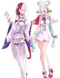 Rule 34 | 2girls, absurdres, alternate hairstyle, asymmetrical wings, bare shoulders, behind-the-head headphones, black ribbon, braid, breasts, changu, cleavage, cosplay, costume switch, crossover, crown braid, detached sleeves, dress, emilia (re:zero), flower, full body, gem, green gemstone, hair flower, hair ornament, hair over one eye, hair ribbon, hair rings, hairstyle switch, hands up, headphones, highres, ice crystal, jouge2983, long hair, medium breasts, mismatched wings, multicolored hair, multiple girls, musical note, one piece, one piece film: red, open mouth, pleated skirt, purple eyes, purple ribbon, re:zero kara hajimeru isekai seikatsu, red hair, ribbon, rose, single sleeve, skirt, smile, split-color hair, thighhighs, tongue, tongue out, twintails, two-tone hair, uta (one piece), white background, white dress, white flower, white hair, white rose, white thighhighs, wings, x hair ornament