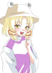 Rule 34 | 0002koko, 1girl, :d, absurdres, blonde hair, blush, brown hat, clenched hand, commentary request, eyelashes, hair ribbon, hand up, happy, hat, highres, lips, long sleeves, looking at viewer, medium hair, moriya suwako, open mouth, purple vest, pyonta, red ribbon, ribbon, round teeth, shirt, simple background, smile, solo, straight hair, teeth, touhou, tress ribbon, tsurime, upper body, upper teeth only, vest, white background, white shirt, wide sleeves, yellow eyes