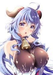 Rule 34 | 1girl, ahoge, bare shoulders, bell, black gloves, blue hair, blush, breasts, covered erect nipples, cum, cum on body, cum on breasts, cum on clothes, cum on upper body, detached sleeves, facial, ganyu (genshin impact), geko, genshin impact, gloves, hand on own chest, horns, huge breasts, long hair, looking at viewer, neck bell, open mouth, purple eyes, sidelocks, skindentation, solo, upper body, white sleeves