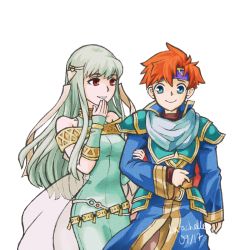 Rule 34 | 1boy, 1girl, armor, blue eyes, blush, cape, cosplay, cowboy shot, dated, dress, eliwood (fire emblem), eliwood (fire emblem) (cosplay), fire emblem, fire emblem: the binding blade, fire emblem: the blazing blade, fire emblem heroes, green hair, hand to own mouth, headband, highres, long hair, looking at viewer, mother and son, ninian, nintendo, official alternate costume, red eyes, red hair, roy (fire emblem), short hair, simple background, smile, white background