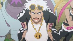 Rule 34 | 1boy, 1girl, anime coloring, chain, chain necklace, creatures (company), eyewear on head, fake screenshot, game freak, gen 7 pokemon, gold chain, golisopod, guzma (pokemon), hands on own hips, hood, hoodie, jewelry, male focus, necklace, nintendo, no-kan, open mouth, out of frame, parody, plumeria (pokemon), pokemon, pokemon (anime), pokemon (creature), pokemon sm, style parody, sunglasses, team skull, white hair