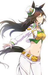 Rule 34 | 1girl, ahoge, animal ears, bandeau, belt, blouse, breasts, brown hair, choker, closed eyes, closed mouth, collarbone, commentary request, cowboy shot, cropped jacket, floating hair, green bandeau, green shirt, groin, hair between eyes, hair ornament, hat, highres, horse ears, horse girl, horse tail, jacket, kusanagi kaoru, long hair, medium breasts, midriff, mini hat, mr. c.b. (umamusume), navel, open clothes, open jacket, outstretched arms, pants, shirt, sidelocks, simple background, smile, solo, standing, tail, umamusume, white background, white belt, white hat, white jacket, white pants, yellow choker