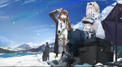 Rule 34 | 1boy, 2girls, animal ears, arknights, arm up, aurora (arknights), bear ears, bear girl, black coat, black shirt, blazpu, blue eyes, blue pants, blue sky, boots, box, breasts, brown hair, canopy (shelter), cleavage, cleavage cutout, clothing cutout, coat, cropped jacket, cropped shirt, day, dreadlocks, earrings, extra ears, hair ornament, hairclip, highres, jacket, jewelry, large breasts, long sleeves, looking at another, magallan (arknights), mask, mask around neck, medium breasts, mountain, multicolored coat, multicolored hair, multiple girls, navel, open mouth, outdoors, pants, sharp (arknights), shield, shirt, sitting, sky, snow, stomach, streaked hair, teeth, tree stump, two-tone coat, upper teeth only, white coat, white hair, white jacket, winter, yellow eyes