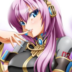 Rule 34 | 1girl, armband, bad id, bad nicoseiga id, blue eyes, finger in own mouth, fingernails, headphones, long hair, looking at viewer, megurine luka, nail polish, naughty face, pink hair, portrait, simple background, smile, solo, sumeragi tomo, upper body, vocaloid