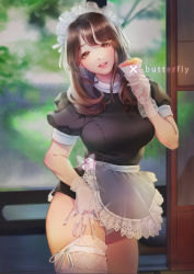 Rule 34 | 1girl, absurdres, apron, artist name, black dress, blurry, breasts, bridal garter, brown eyes, brown hair, bug, butterfly, commentary request, cowboy shot, crepe, day, depth of field, derivative work, dress, earrings, female focus, food, gloves, hand on own thigh, hand up, head tilt, highres, holding, holding food, indoors, insect, jewelry, lace, lace gloves, large breasts, lipgloss, long hair, looking at viewer, maid, maid headdress, microdress, one side up, original, panties, photo-referenced, pink lips, puffy short sleeves, puffy sleeves, real life, ribbon, short sleeves, smile, solo, standing, tongue, underwear, waist apron, white apron, white gloves, white panties, white ribbon, x butterfly