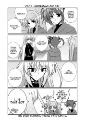 Rule 34 | 00s, 3girls, = =, choker, close-up, closed eyes, comic, embarrassed, english text, fate testarossa, greyscale, hair ribbon, hands on own cheeks, hands on own face, hard-translated, heart, lyrical nanoha, magical girl, mahou shoujo lyrical nanoha, mahou shoujo lyrical nanoha a&#039;s, mikage takashi, monochrome, multiple girls, open mouth, reinforce, ribbon, speech bubble, sweatdrop, takamachi nanoha, talking, third-party edit, translated, twintails