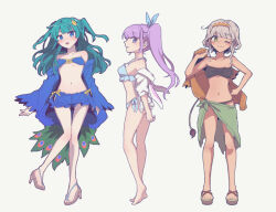 Rule 34 | 3girls, animal ears, bare shoulders, barefoot, bikini, blue bikini, blue coat, blue eyes, blue shorts, blunt bangs, blunt ends, blush, breasts, brown bikini, brown hair, coat, fake animal ears, full body, green hair, hand up, high heels, holding, holding clothes, jacket, long hair, long sleeves, looking at viewer, manaka non, medium breasts, mole, mole under mouth, multiple girls, navel, nojima minami, off shoulder, open clothes, open coat, open mouth, peacock feathers, pretty series, pripara, purple hair, rabbit ears, sandals, sarong, short hair, short hair with long locks, shorts, simple background, small breasts, smile, standing, swimsuit, taiyo pepper, tan, tsukikawa chili, two side up, unworn jacket, white background, white jacket, yellow eyes