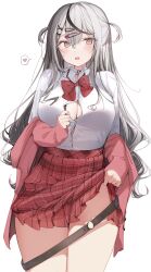 Rule 34 | 1girl, absurdres, belt, black choker, black hair, blush, bow, bowtie, breasts, button gap, cardigan, choker, cleavage, clothes lift, collared shirt, commentary, fang, grey hair, hair between eyes, hair ornament, hairclip, heart, highres, hololive, large breasts, lifted by self, long hair, long sleeves, looking at viewer, multicolored hair, o-ring, o-ring choker, off shoulder, open mouth, pink cardigan, pink eyes, plaid, plaid skirt, pleated skirt, red bow, red bowtie, red skirt, sakamata chloe, school uniform, shin no tenpii, shirt, shirt tucked in, simple background, skirt, skirt lift, sleeves past wrists, solo, spoken heart, streaked hair, thighs, virtual youtuber, white background, white shirt, x hair ornament