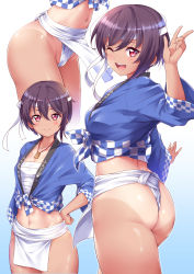 Rule 34 | 1girl, ;d, ass, bandages, black hair, blue background, breasts, checkered ribbon, cleavage, clothes writing, collarbone, cowboy shot, from behind, fundoshi, gradient background, groin, hachimaki, hand on own hip, happi, headband, highres, japanese clothes, jewelry, kanabun, long sleeves, looking back, medium breasts, mizu happi, multiple views, natsumi-chan (kanabun), navel, necklace, one-piece tan, one eye closed, open mouth, original, outstretched arm, pelvic curtain, red eyes, sarashi, short hair, smile, stomach, tan, tanline, translation request, v, white background