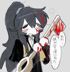 Rule 34 | 1boy, black coat, black hair, blood, bloody weapon, blush stickers, coat, heterochromia, high ponytail, highres, holding, holding key, hong lu (project moon), key, limbus company, long hair, oversized object, project moon, puripur16448985, saliva, shirt, solo, speech bubble, stole, very long hair, wall-eyed, weapon, white shirt