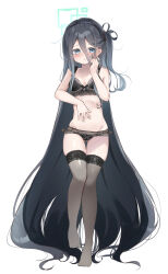 Rule 34 | 1girl, absurdly long hair, alternate costume, aris (blue archive), bare arms, bare shoulders, black bra, black hair, black hairband, black panties, black thighhighs, blue archive, blue eyes, blush, bra, breasts, collarbone, feet, full body, gluteal fold, hair between eyes, hairband, halo, highres, lace, lace-trimmed bra, lace-trimmed panties, lace trim, long hair, looking at viewer, namekuji (namekuzu), navel, no shoes, one side up, panties, simple background, small breasts, solo, standing, standing on one leg, stomach, thigh gap, thighhighs, underwear, underwear only, very long hair, white background