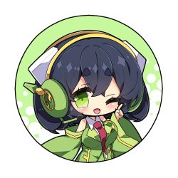 Rule 34 | 1girl, ;d, black hair, blush, breasts, chibi, collared shirt, commentary request, detached sleeves, green eyes, green jacket, green sleeves, hair between eyes, halftone, halftone background, headphones, highres, jacket, kyoumachi seika, large breasts, long sleeves, looking at viewer, milkpanda, necktie, one eye closed, open mouth, red necktie, round image, shirt, short eyebrows, sleeveless, sleeveless jacket, sleeveless shirt, smile, solo, thick eyebrows, upper body, voiceroid, white shirt, wide sleeves