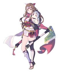 Rule 34 | 1girl, armor, asymmetrical legwear, axe, battle axe, breasts, brown eyes, brown hair, closed mouth, detached sleeves, dual wielding, elbow gloves, enkyo yuuichirou, fingerless gloves, fire emblem, fire emblem fates, fire emblem heroes, fox mask, full body, fur trim, gloves, hana (fire emblem), hana (ninja) (fire emblem), headband, highres, holding, holding weapon, japanese clothes, long hair, looking at viewer, mask, medium breasts, ninja, nintendo, official alternate costume, official art, reverse grip, sandals, shin guards, shoulder armor, shuriken, smile, solo, standing, sword, thick thighs, thighs, toeless legwear, toes, transparent background, uneven legwear, weapon